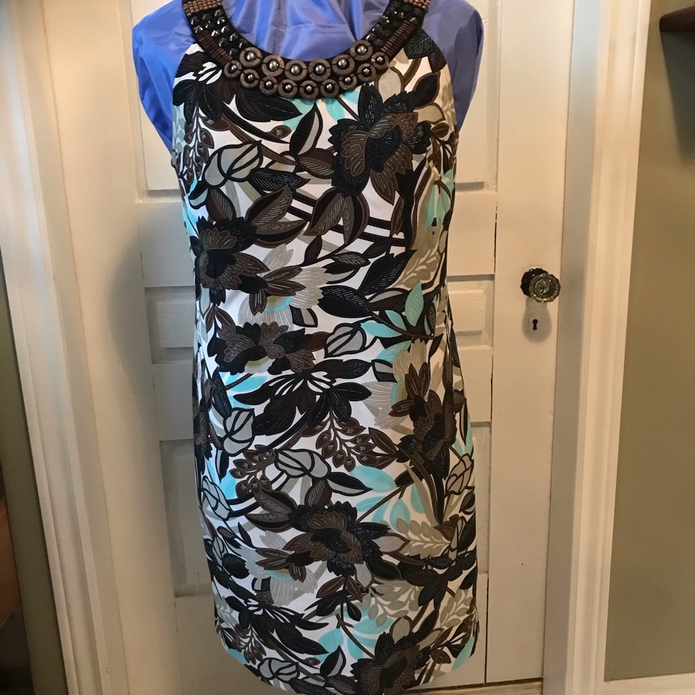 Dress Barn Black and Blue Floral Mini Dress with Beaded Neckline
